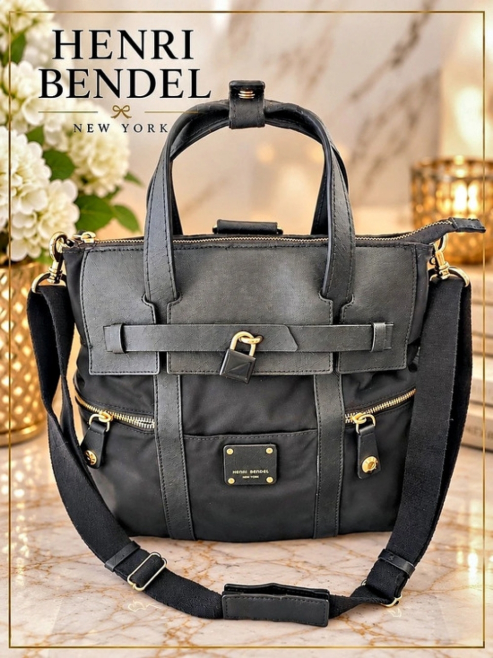 HENRI BENDEL Black Convertible Satchel Crossbody Shoulder Bag Backpack COA